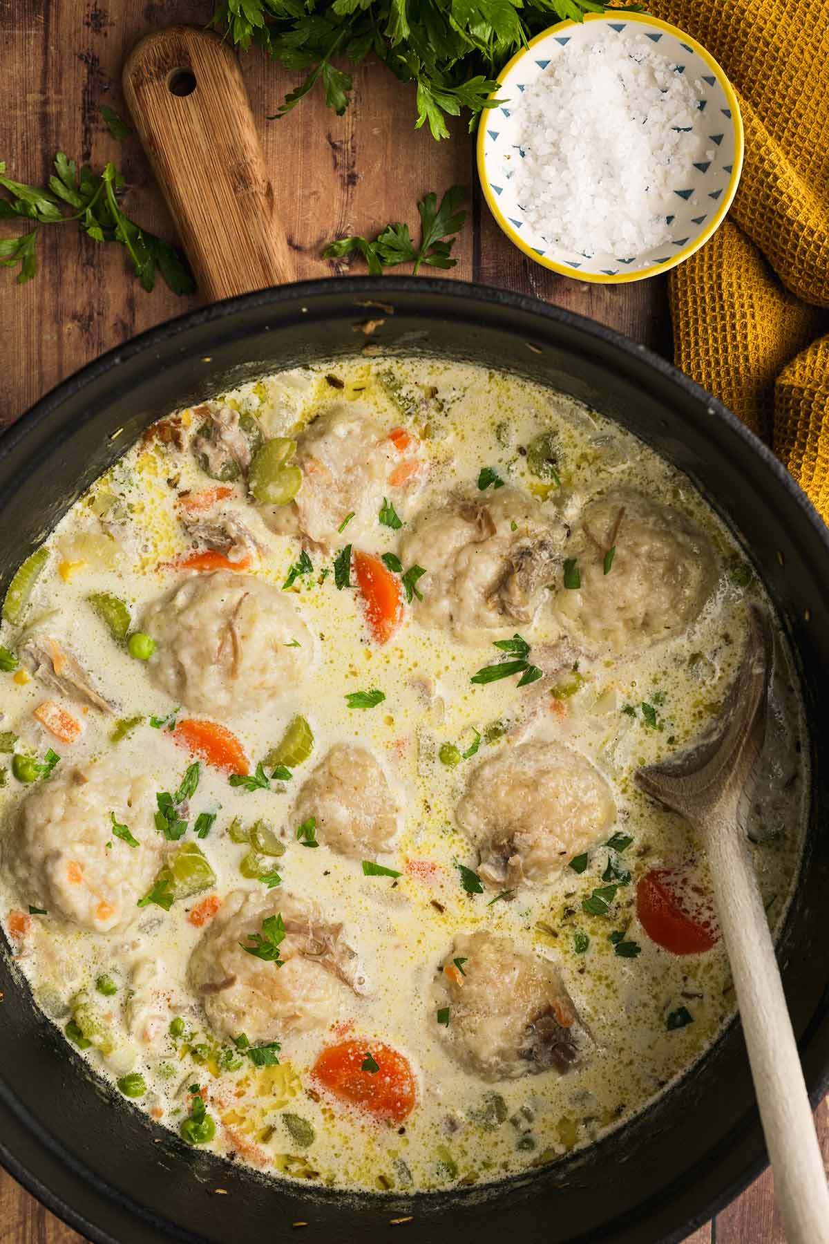 Turkey Dumpling Soup with dumplings in cooking pot