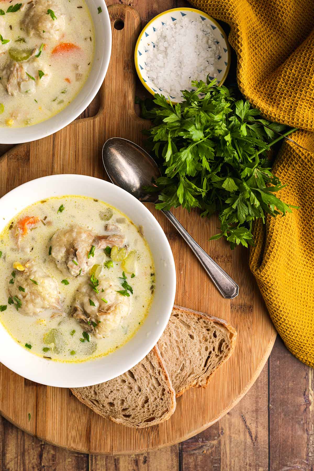 Turkey Dumpling Soup in serving bowl