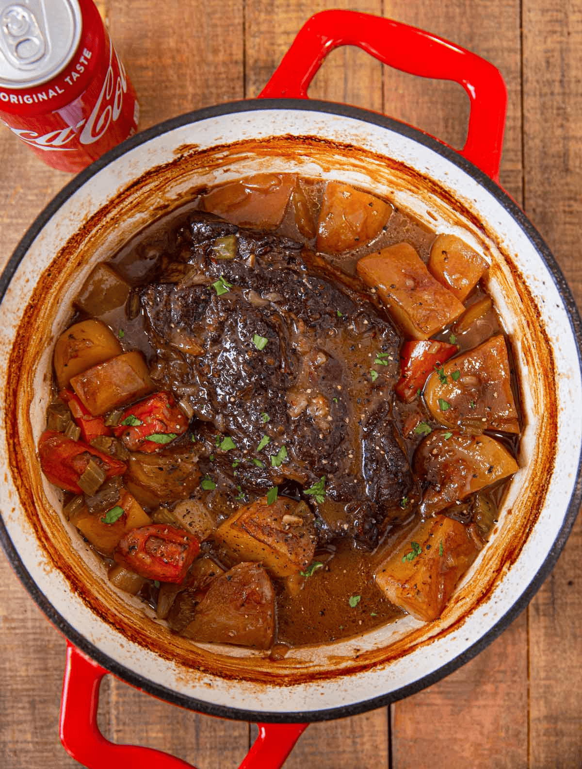 Dutch oven pot roast with a can of coke on the side