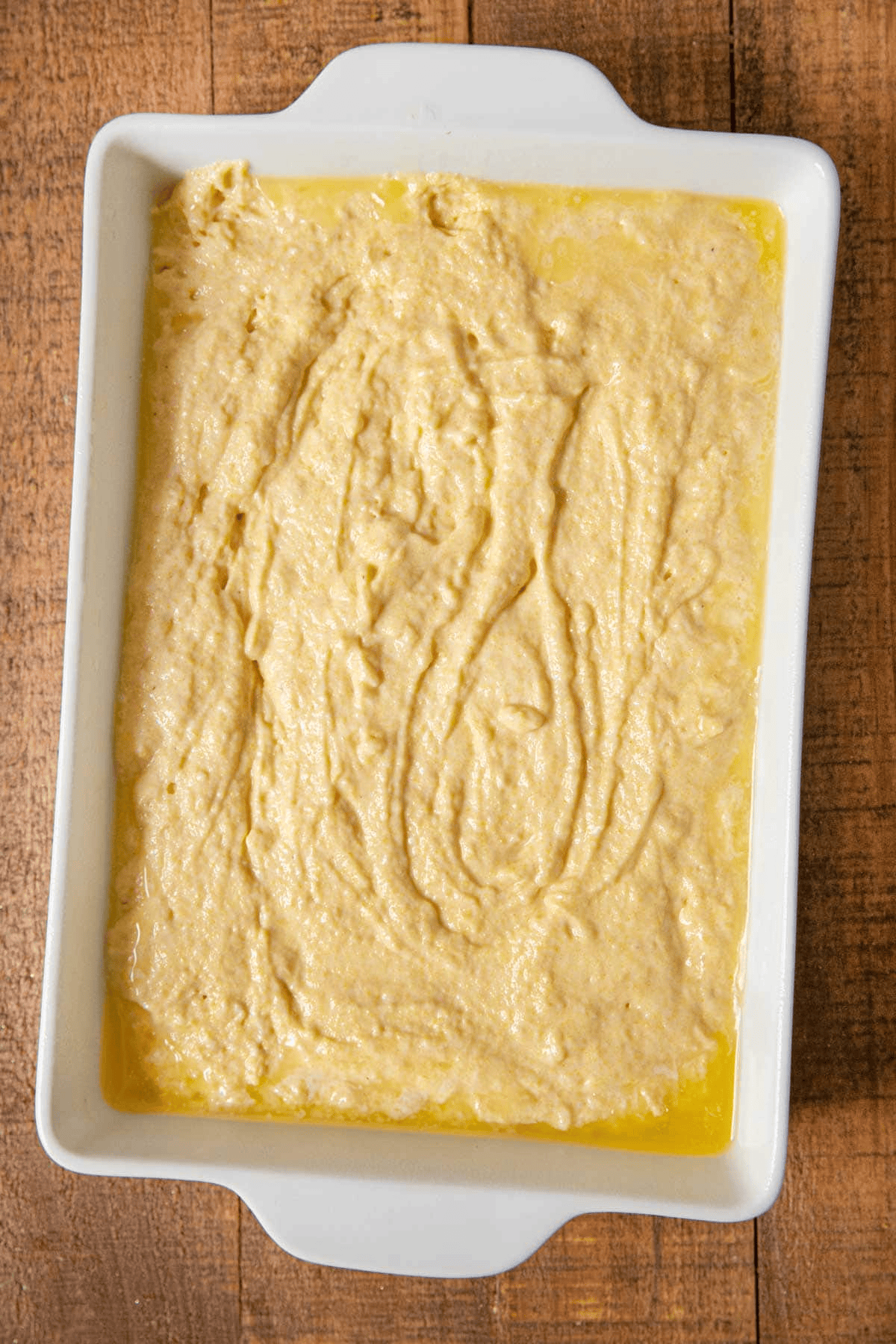 Cornbread batter in a baking dish