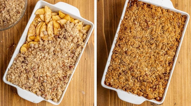 Apple Pecan Crisp in dish with topping unbaked and baked collage