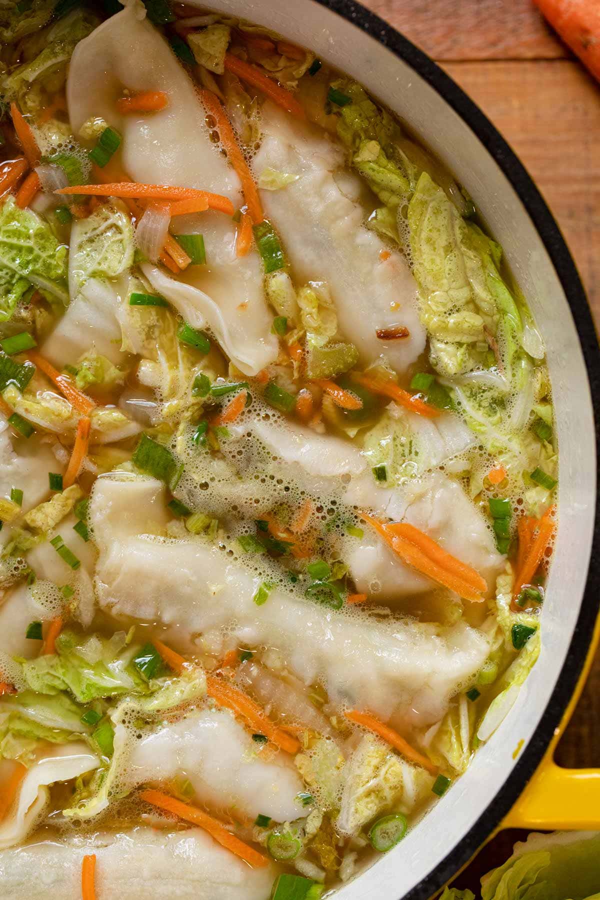 close-up of Asian Potsticker Soup in pot