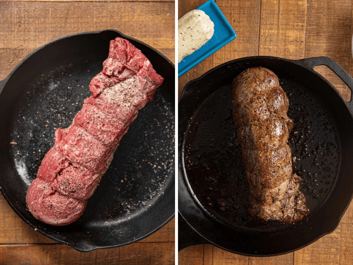 collage of beef before and after cooking
