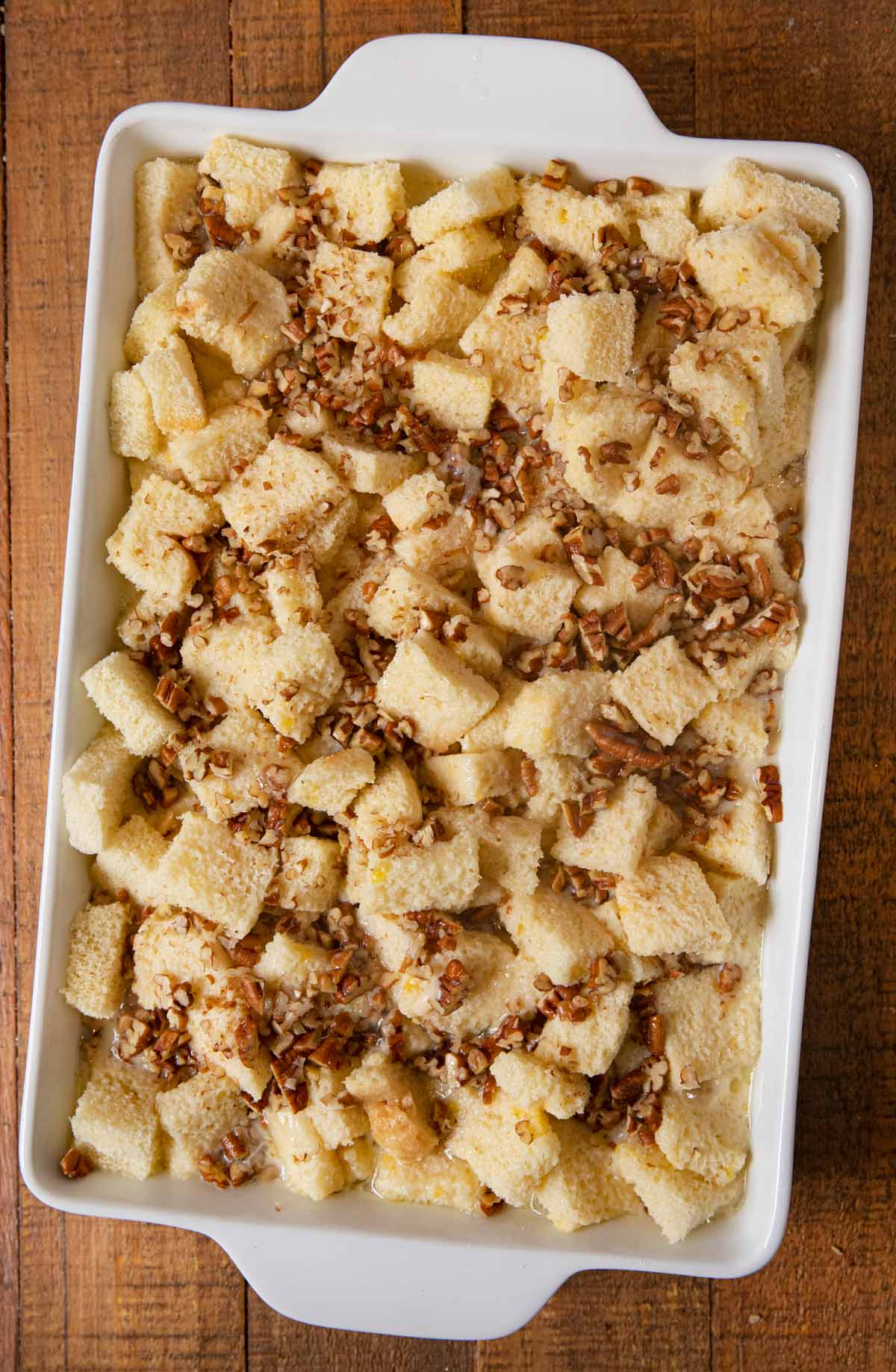 Bourbon Pecan Bread Pudding in baking dish before baking