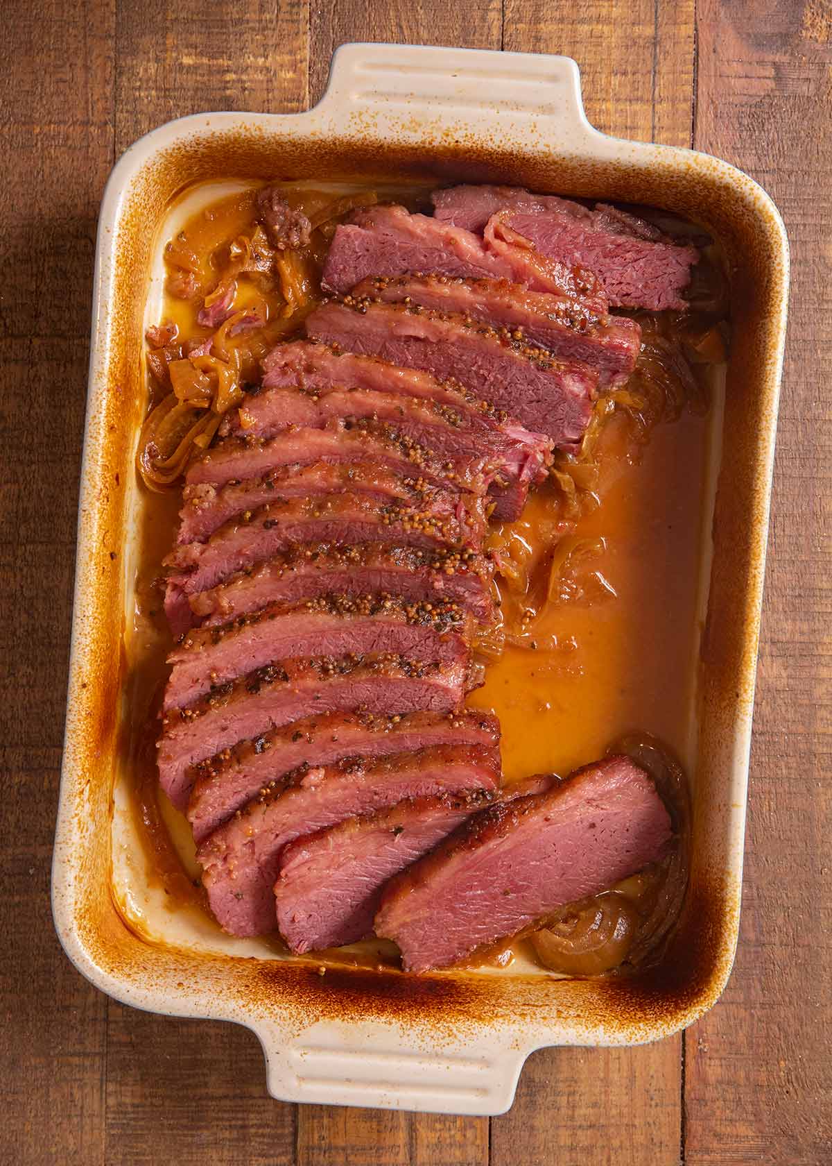 Braised Corned Beef sliced in baking dish