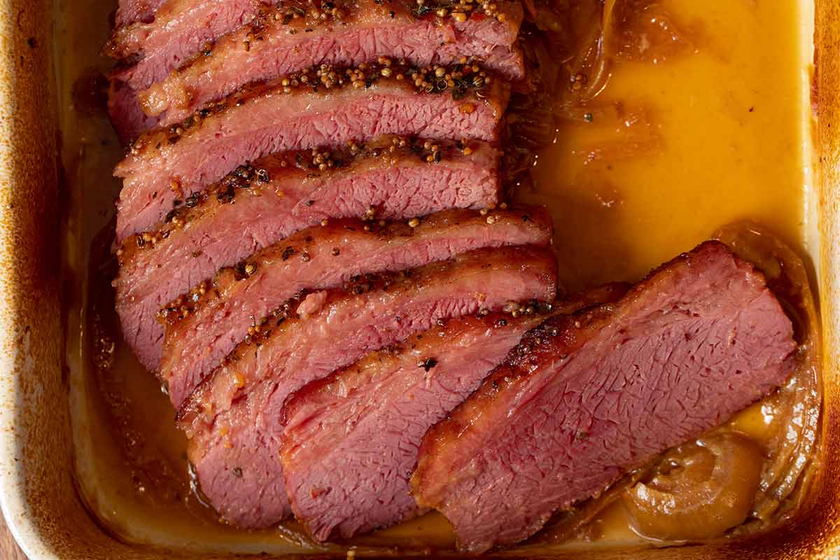 Braised Corned Beef sliced in baking dish