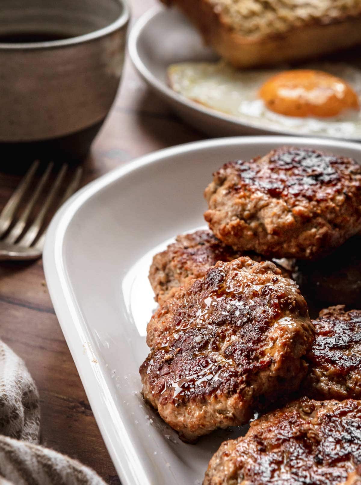 Breakfast Pork Sausage patties on serving plate