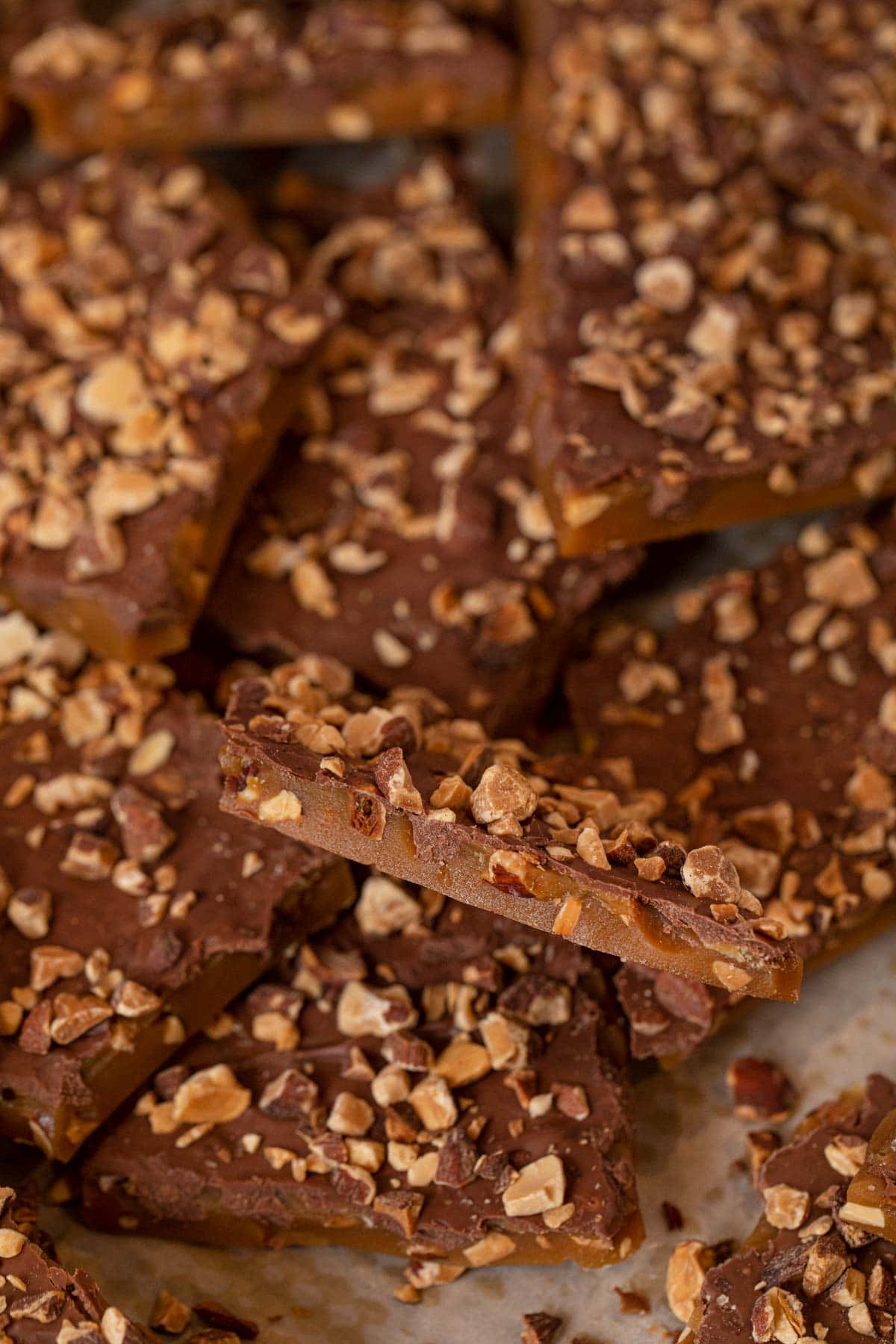 Butter Toffee pieces on cookie sheet