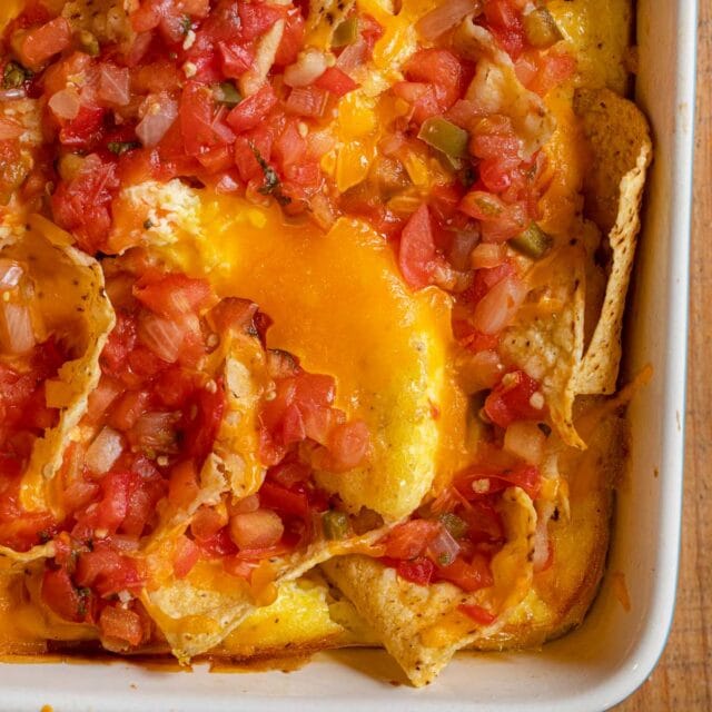 close-up of Cheesy Baked Chilaquiles in baking dish
