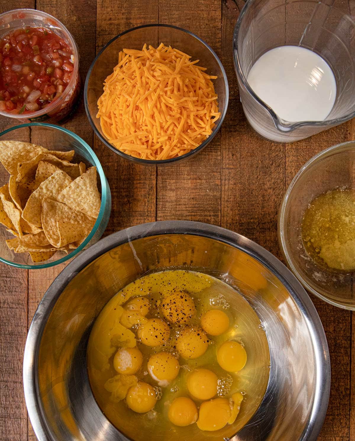 Cheesy Baked Chilaquiles ingredients in bowls