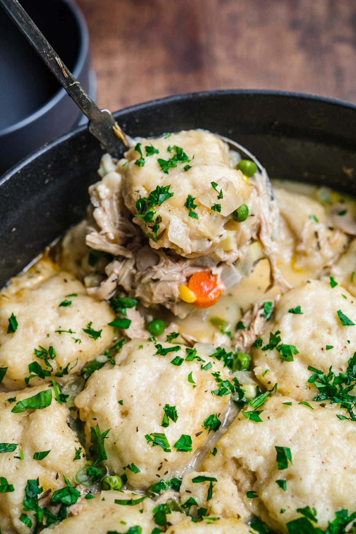 Chicken and Dumplings Soup in pot with parsley garnish and ladle