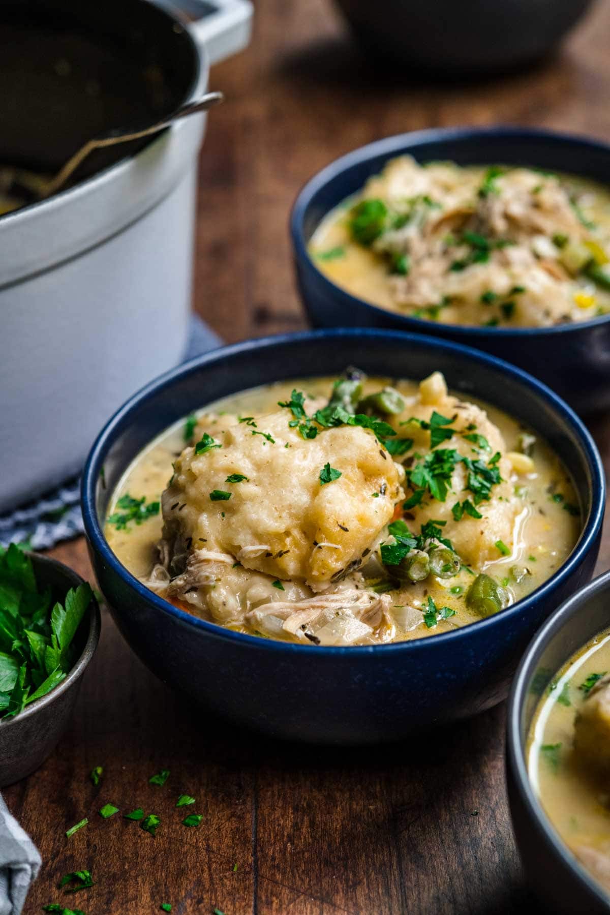 Chicken and Dumplings Soup in bowl with parsley garnish