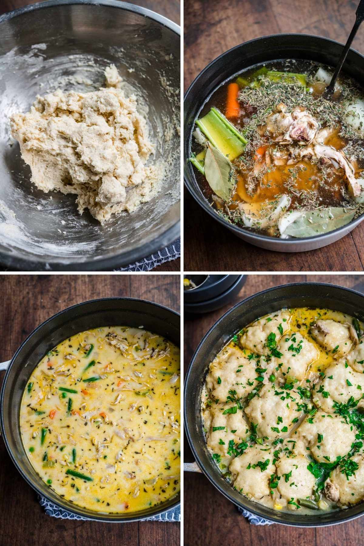 Chicken and Dumplings Soup collage of prep steps