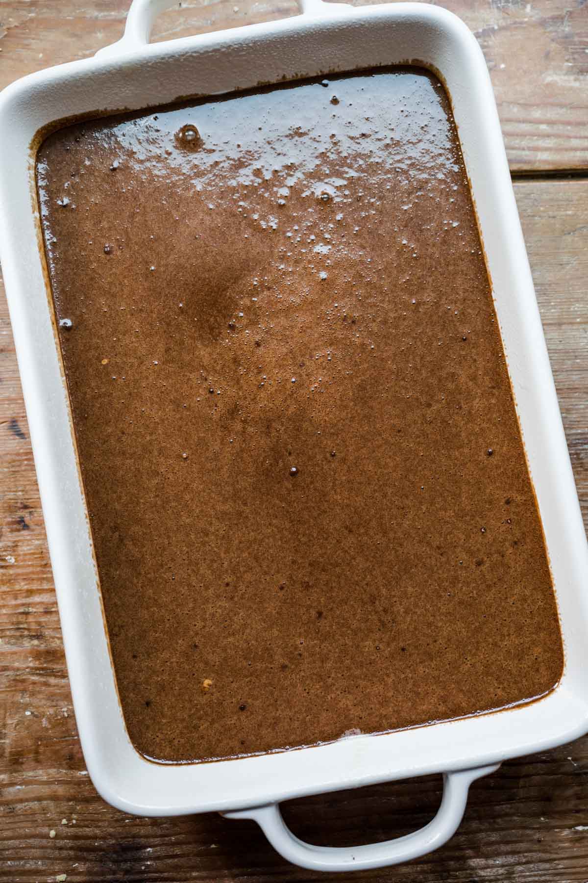 Mexican Chocolate Tres Leches Cake batter in baking pan unbaked