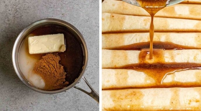 Cinnamon Apple Enchiladas in pan closeup of pouring syrup collage