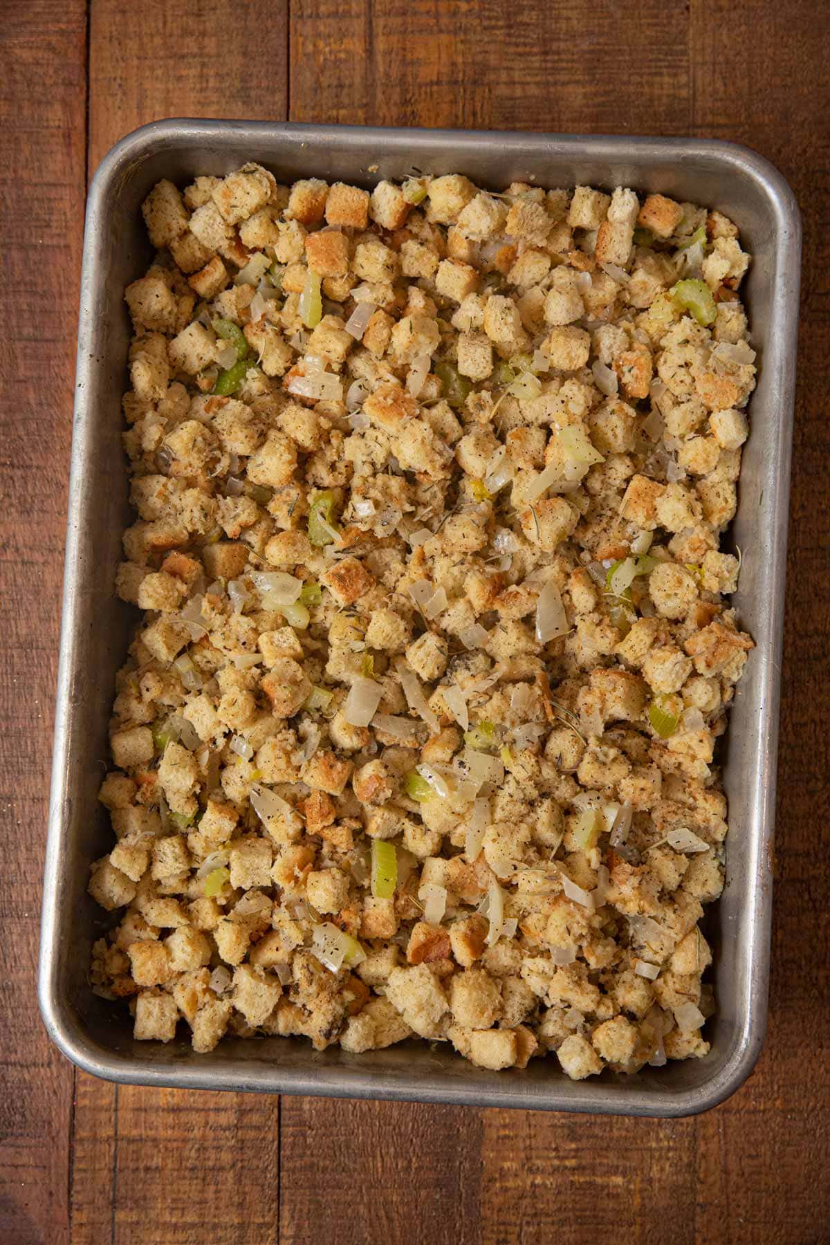 Classic Cube Stuffing in baking dish before cooking