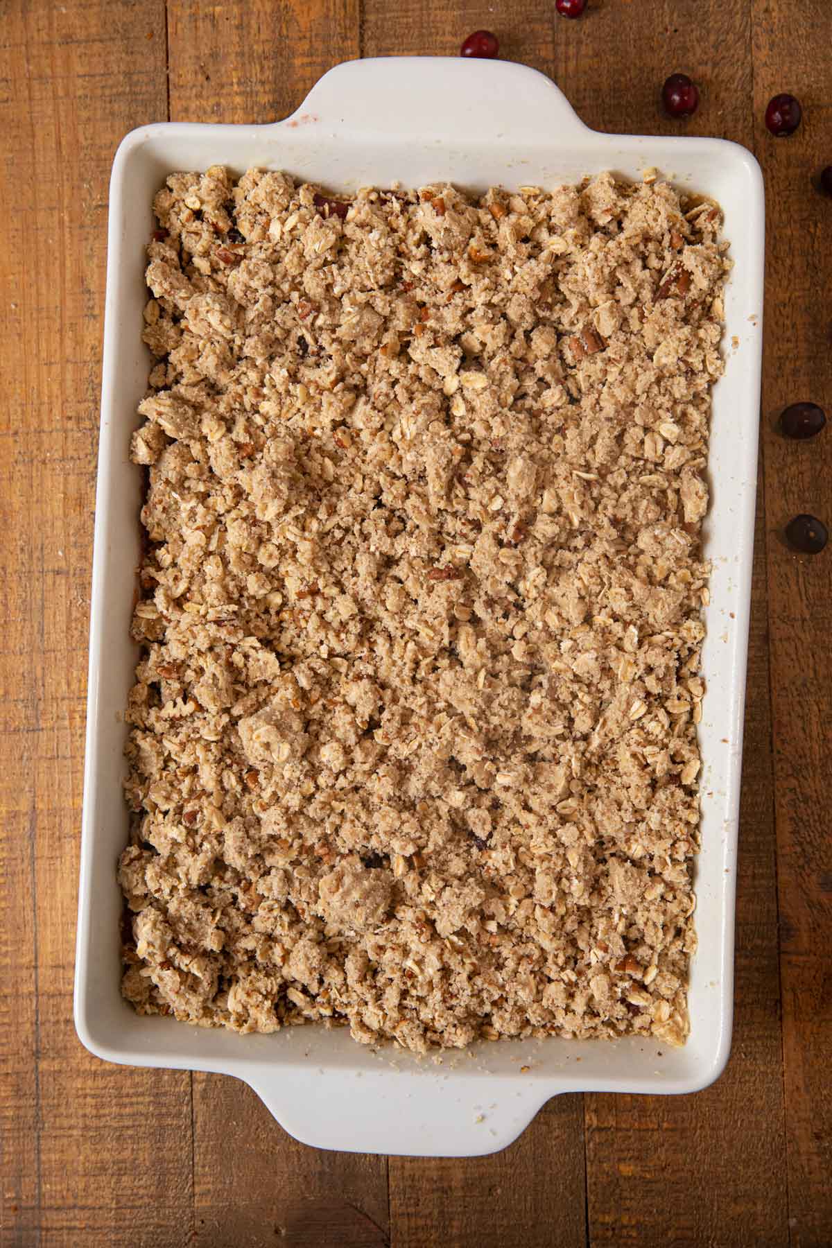 Cranberry Oat Bars in baking dish before baking