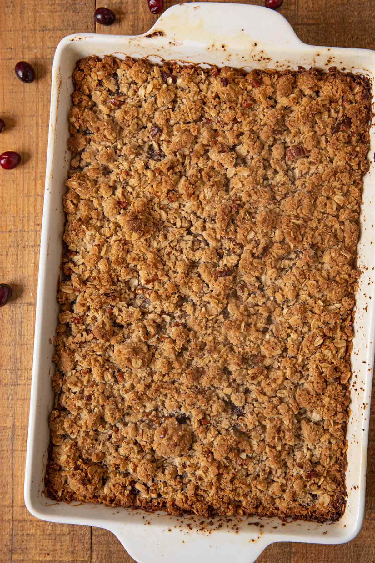 top-down view of Cranberry Oat Bars in baking dish