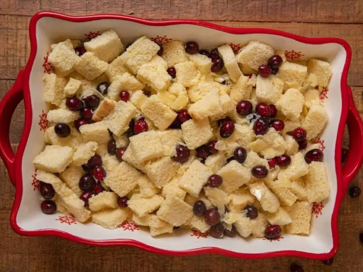 Ingredients in baking dish ready to go in the oven