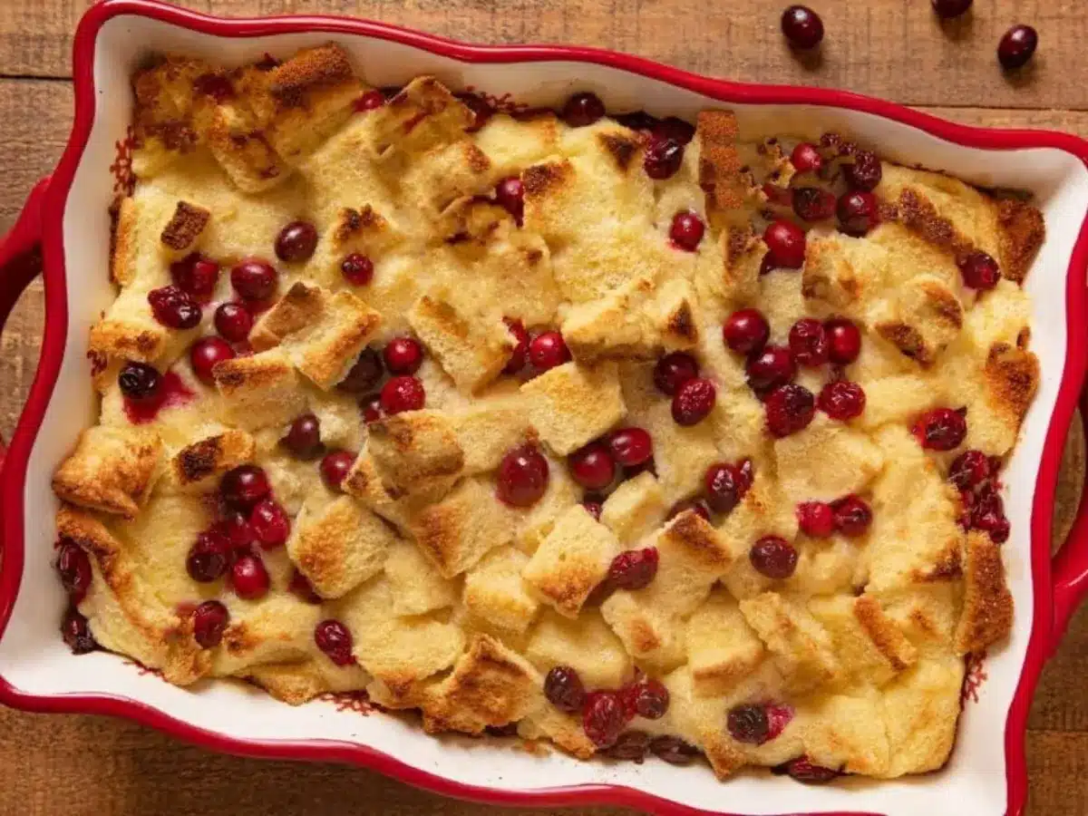 Baked dessert in red baking dish 
