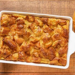 White baking dish with french toast casserole