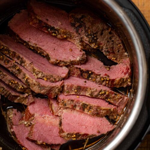 Instant Pot Corned Beef in pressure cooker, sliced