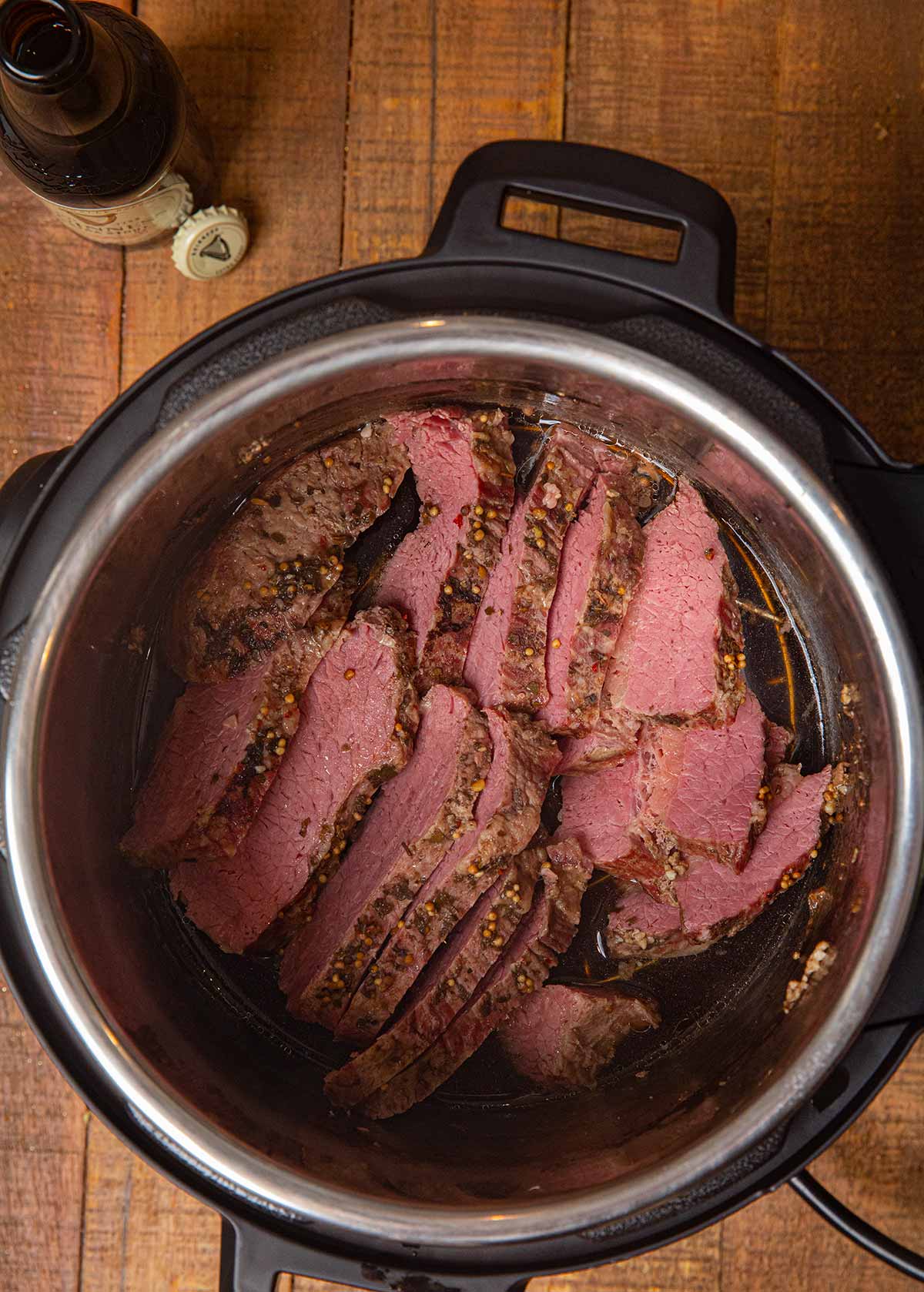 Instant Pot Corned Beef in pressure cooker, sliced