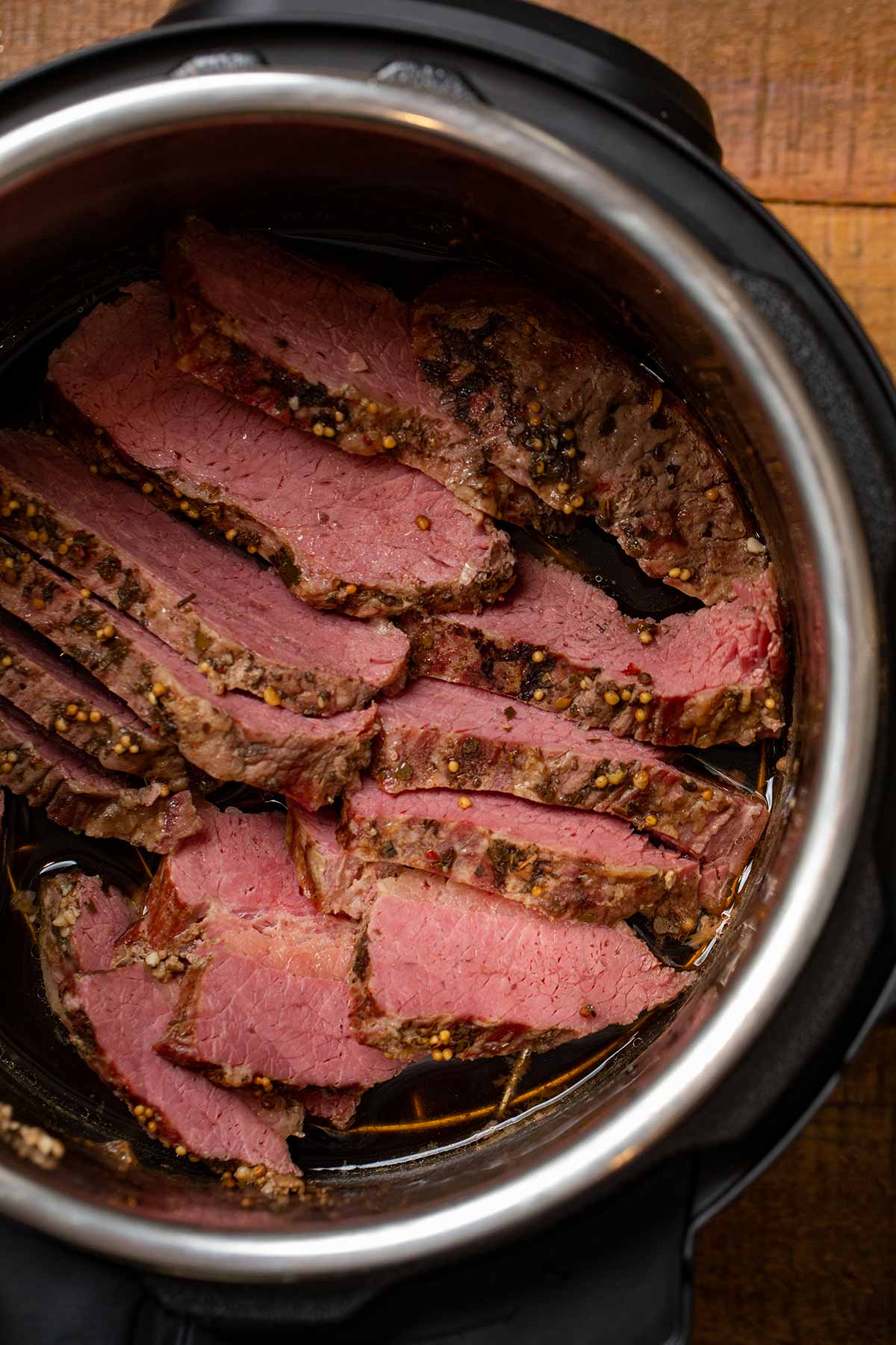 Instant Pot Corned Beef in pressure cooker, sliced