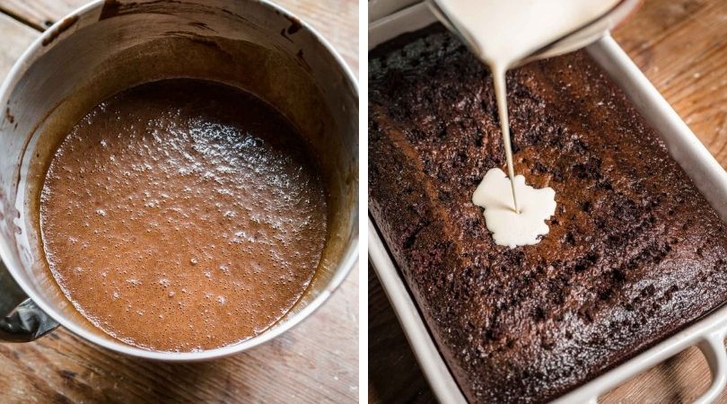 Mexican Chocolate Tres Leches Cake baked in pan pouring cream on top and batter in bowl collage