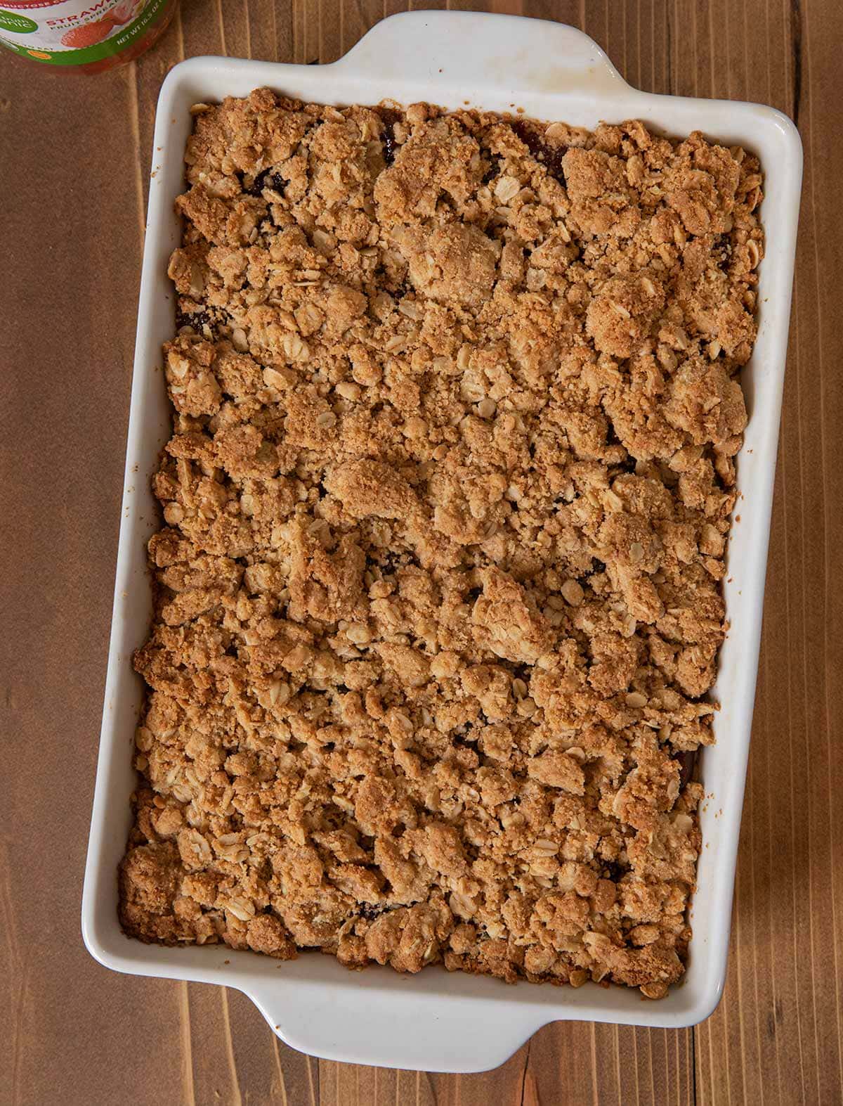 Oatmeal Jam Bars in baking dish after baking