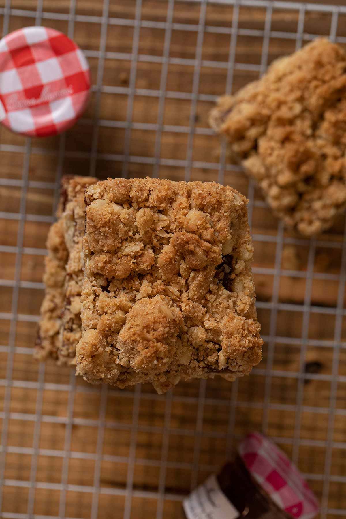 top-down view of Oatmeal Jam Bars in stack