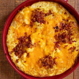 Oven Baked Cheddar Scrambled Eggs in baking dish