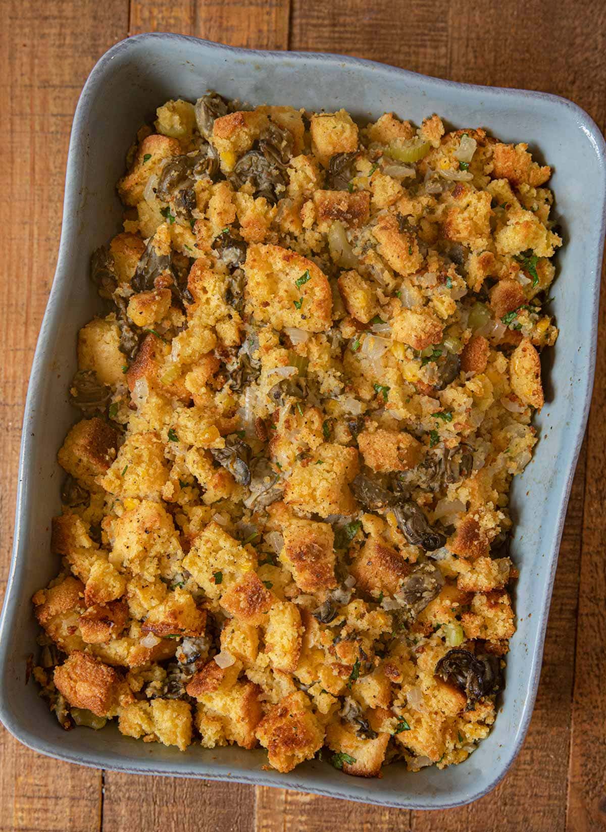 Oyster Cornbread Dressing in baking dish