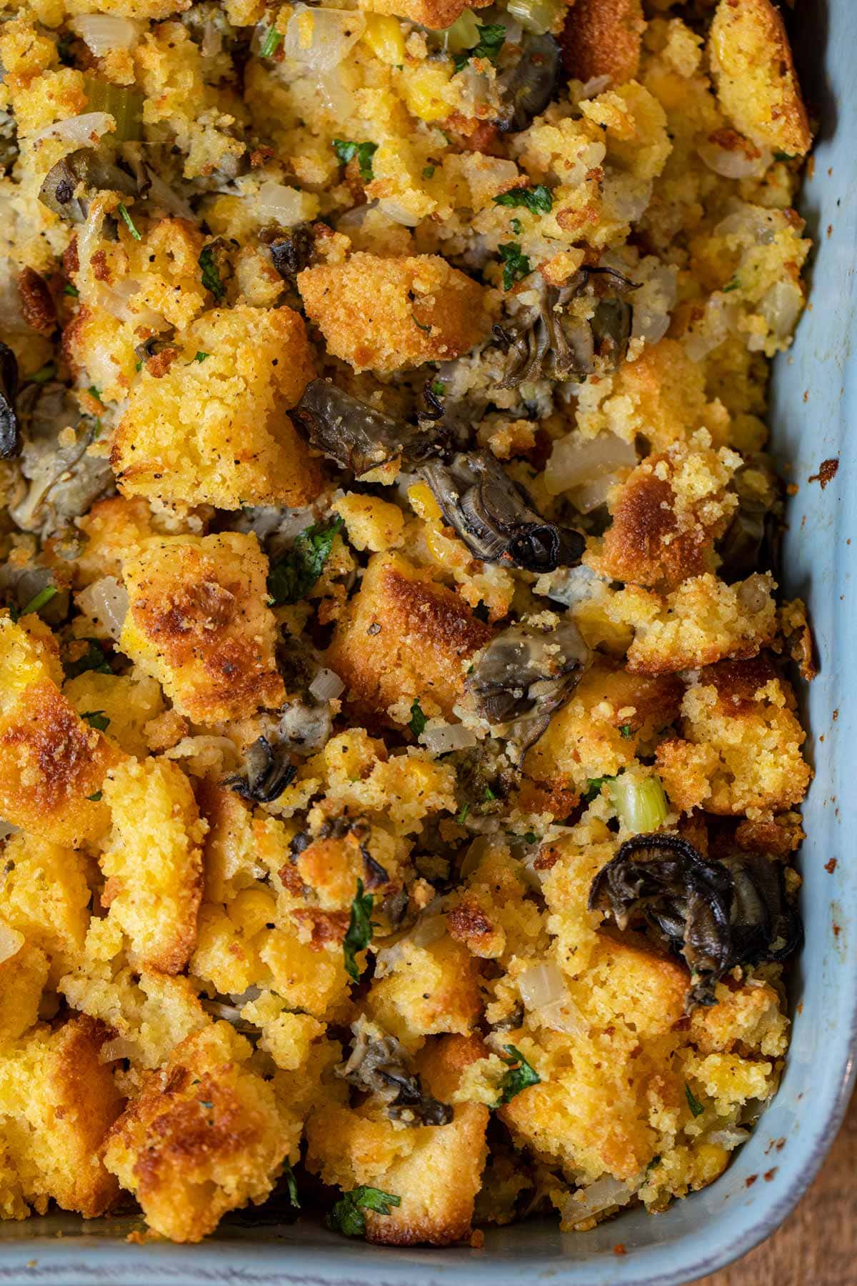 Oyster Cornbread Dressing in baking dish