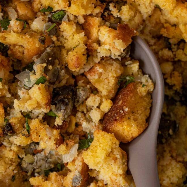 Cornbread Dressing in baking dish