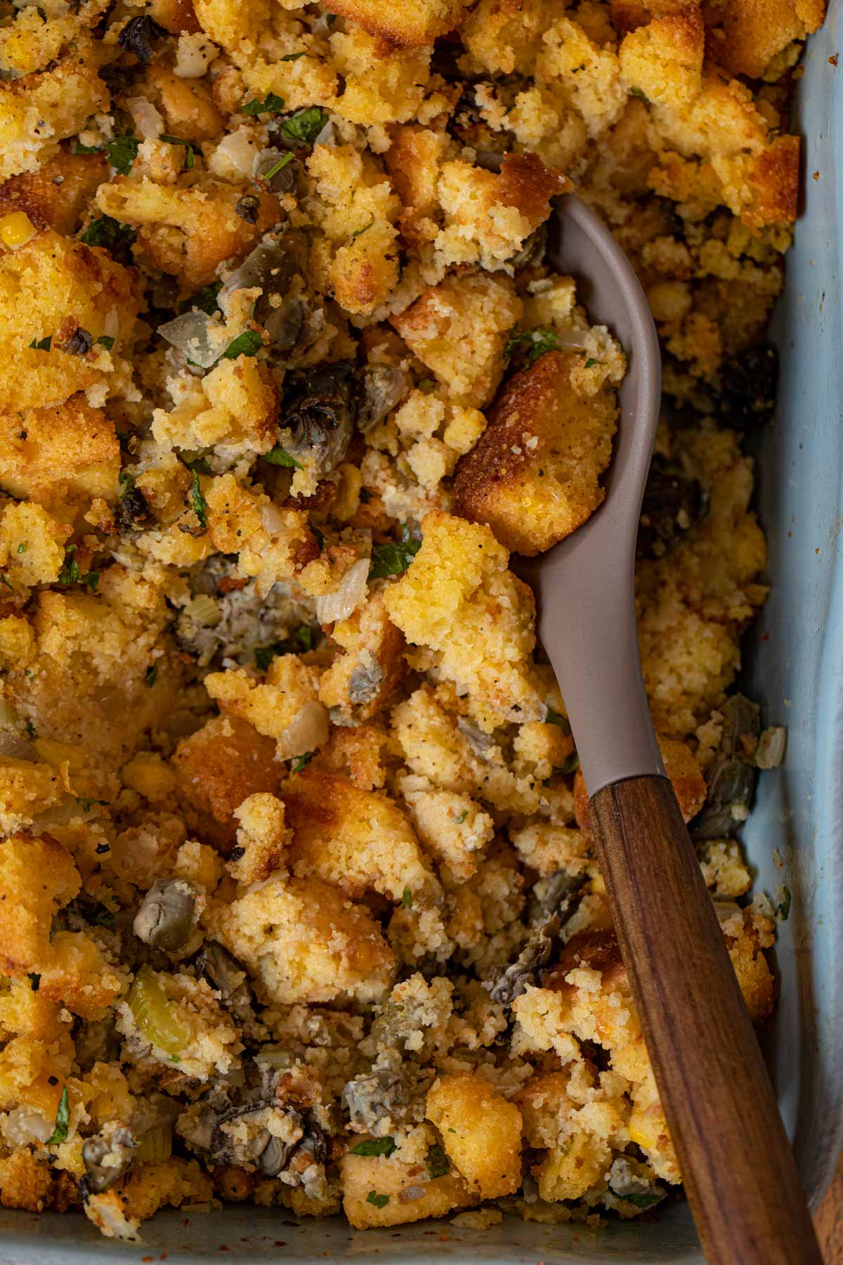 Oyster Cornbread Dressing in baking dish