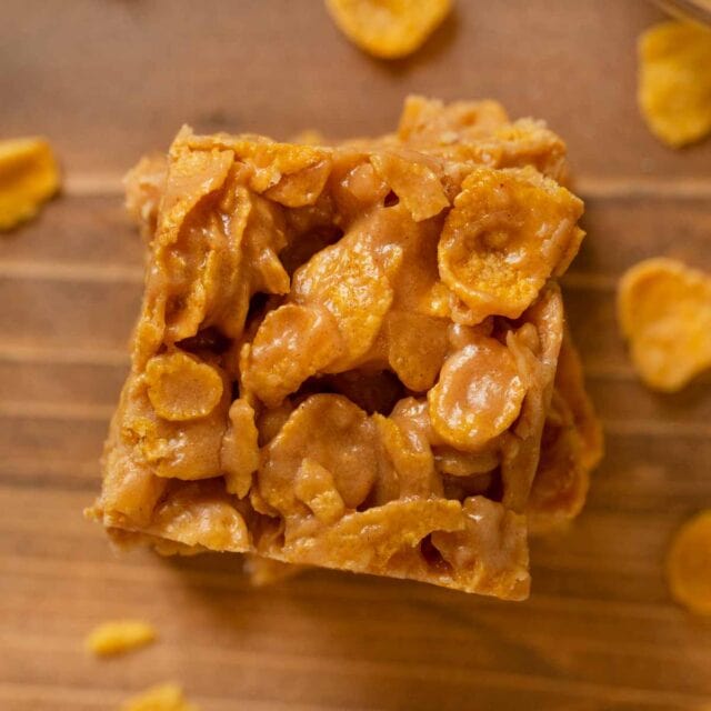 top-down view of Peanut Butter Cornflake Bars in stack