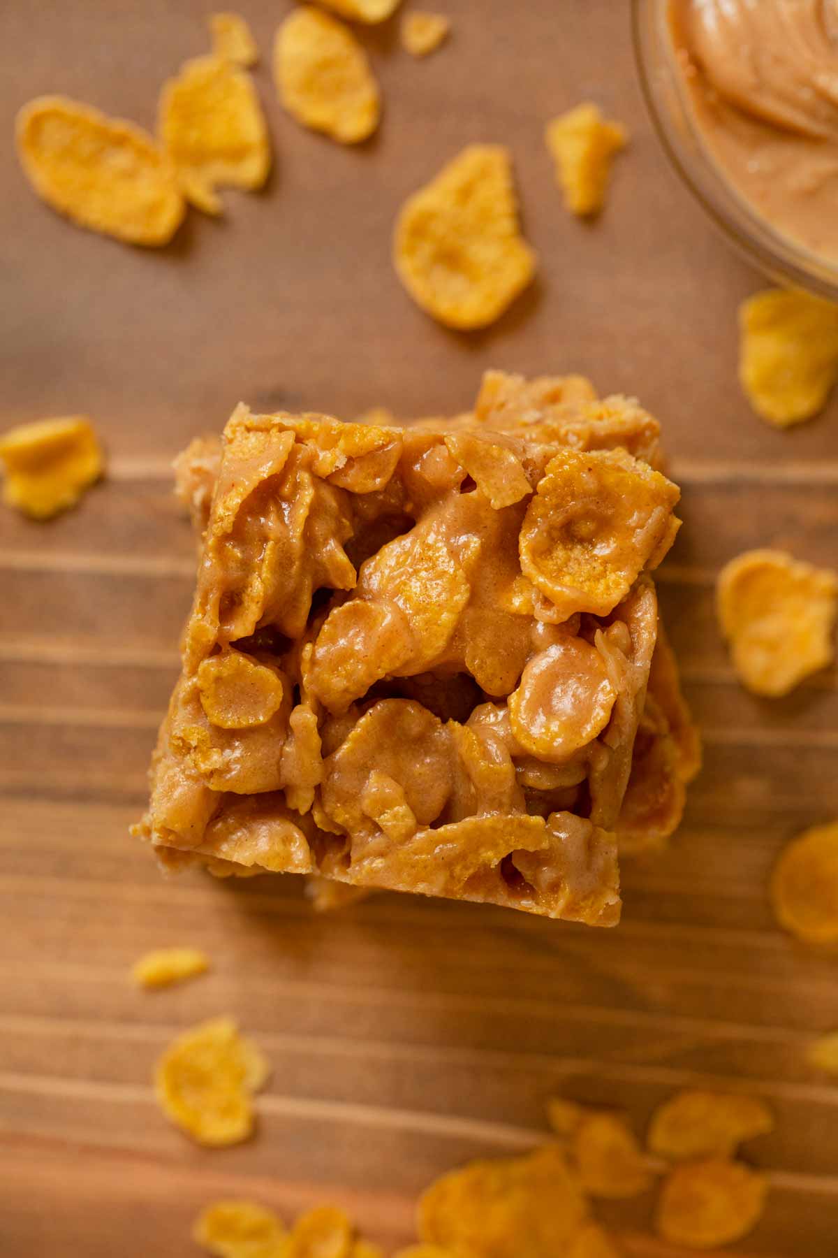 top-down view of Peanut Butter Cornflake Bars in stack