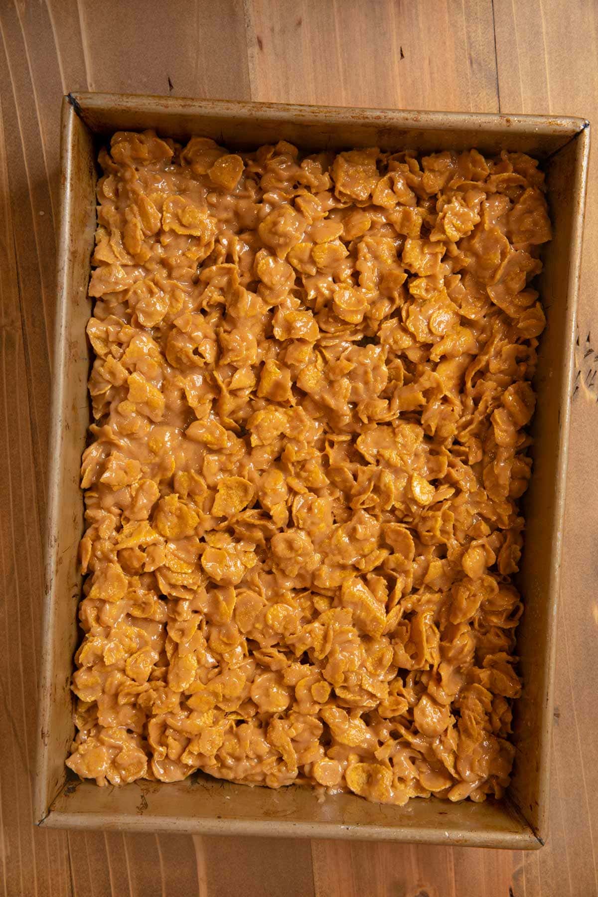 Peanut Butter Cornflake Bars in baking dish