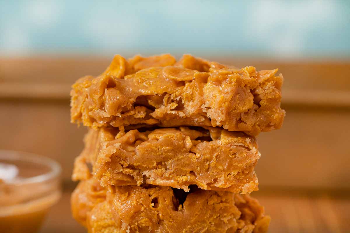 Peanut Butter Cornflake Bars in stack