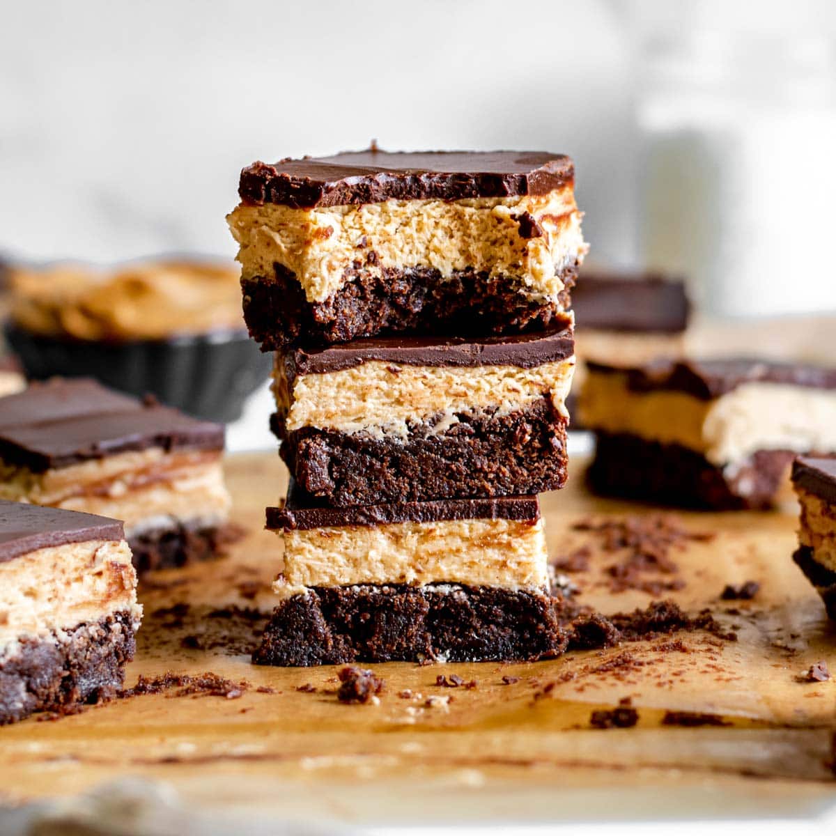 Peanut Butter Truffle Brownies finished cut stack of three