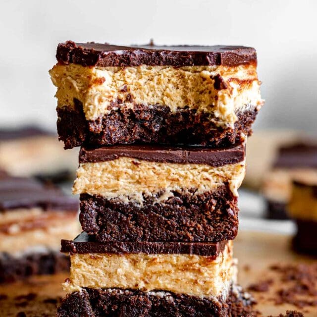 Peanut Butter Truffle Brownies finished cut stack of three