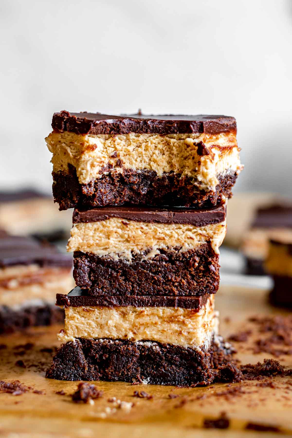 Peanut Butter Truffle Brownies finished cut stack of three