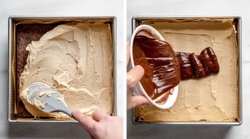 Peanut Butter Truffle Brownies in pan spreading peanut butter layer and pouring chocolate layer collage