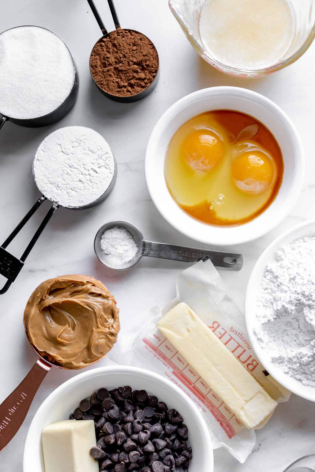 Peanut Butter Truffle Brownies ingredients in bowls