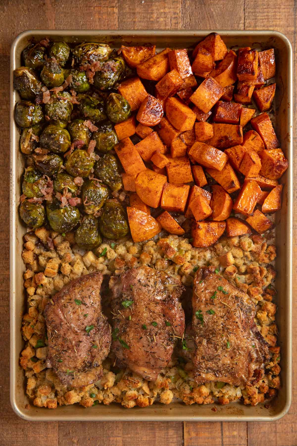 top-down view of Sheet Pan Thanksgiving Dinner