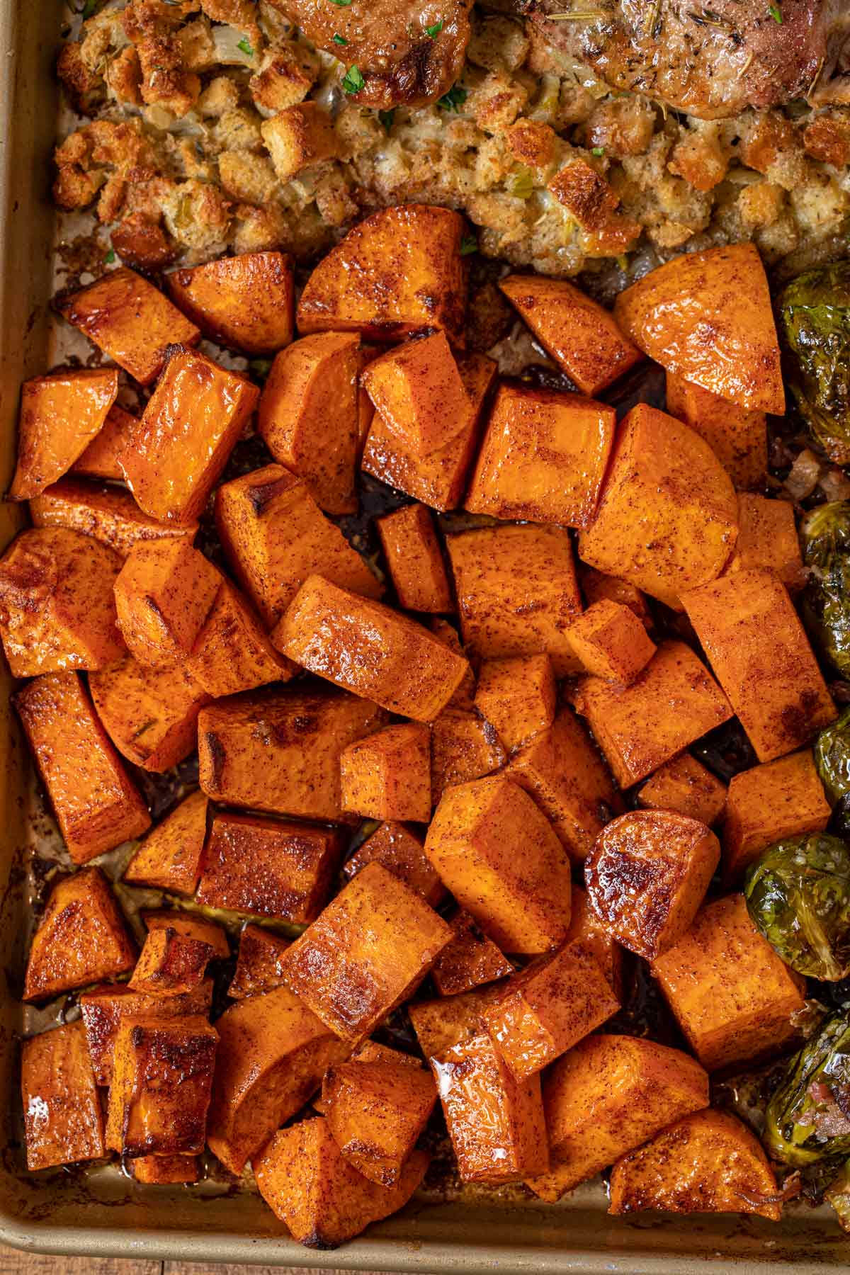 Sheet Pan Thanksgiving Dinner close up of sweet potatoes