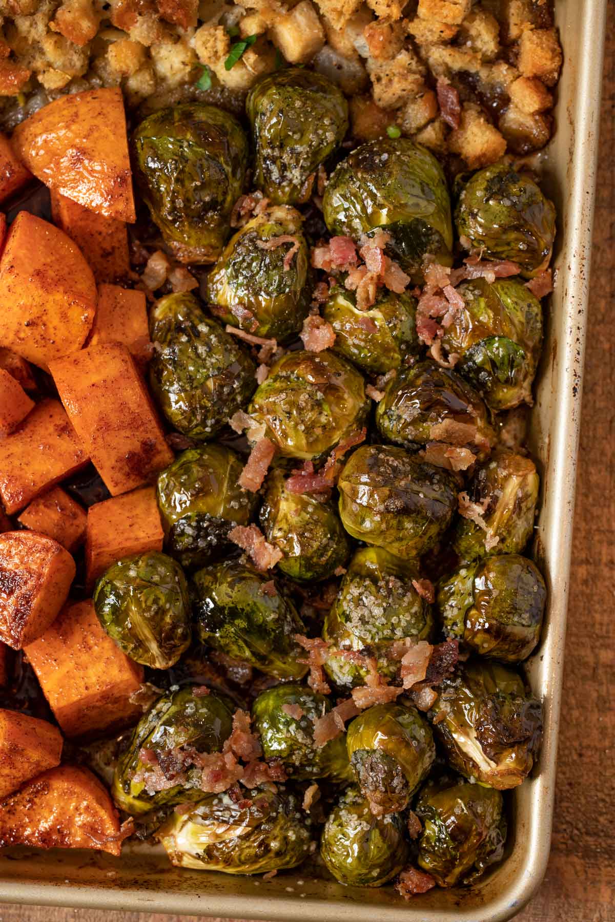 Sheet Pan Thanksgiving Dinner close up of bacon Brussels sprouts