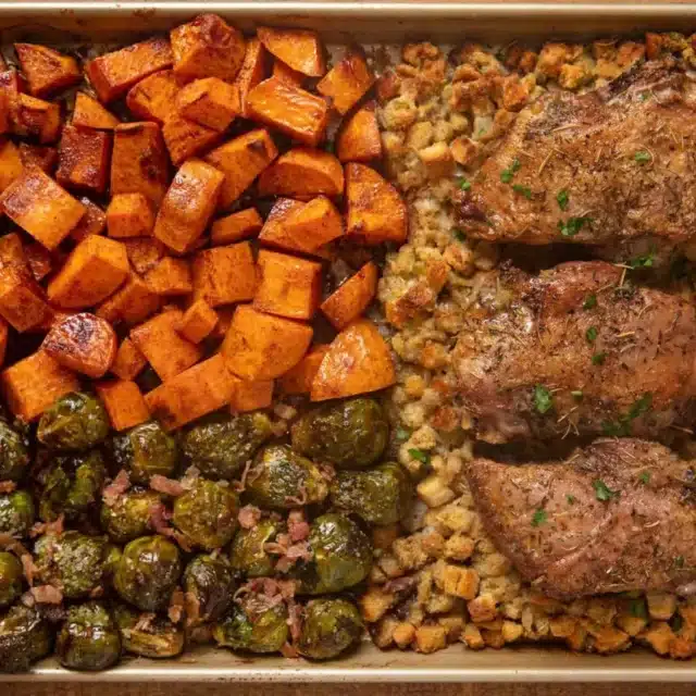 Turkey and side all on sheet pan ready to serve