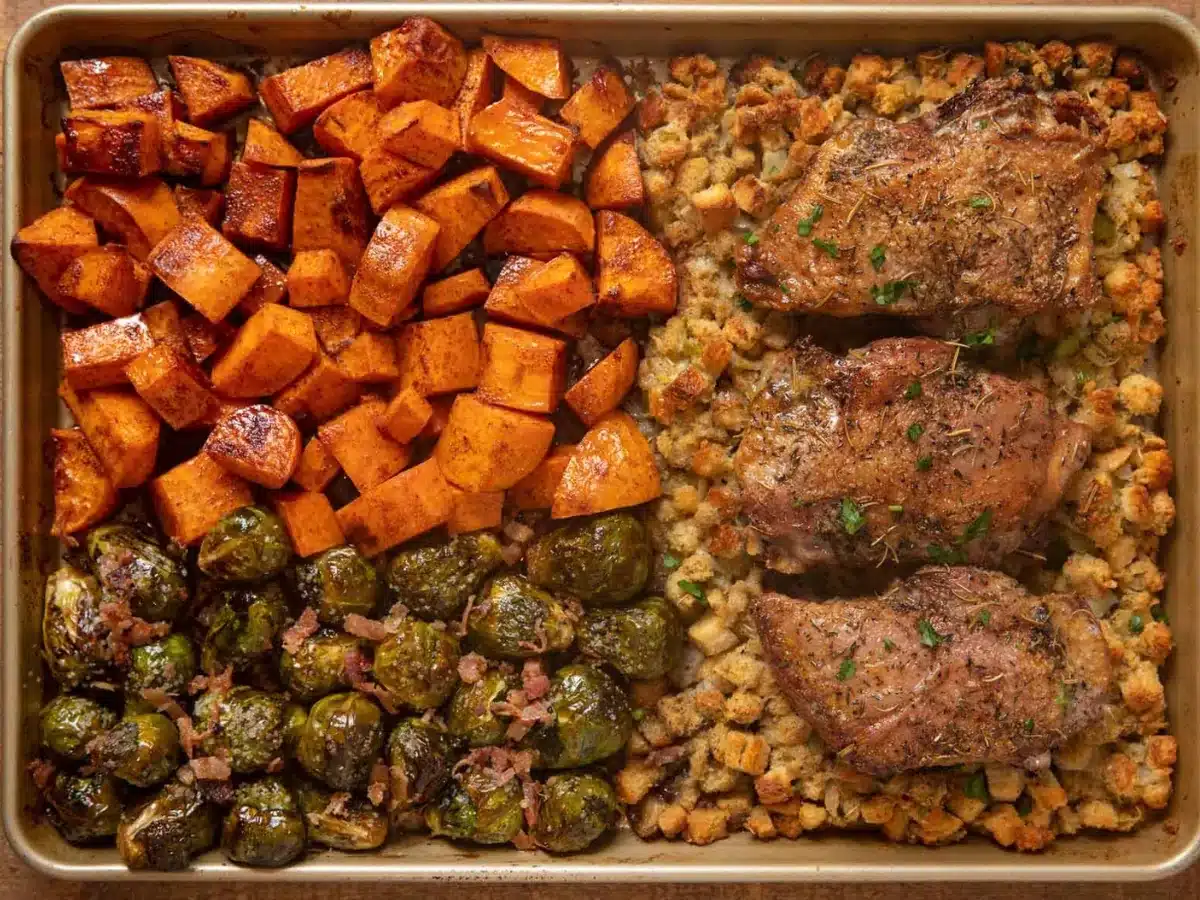 Turkey and side all on sheet pan ready to serve